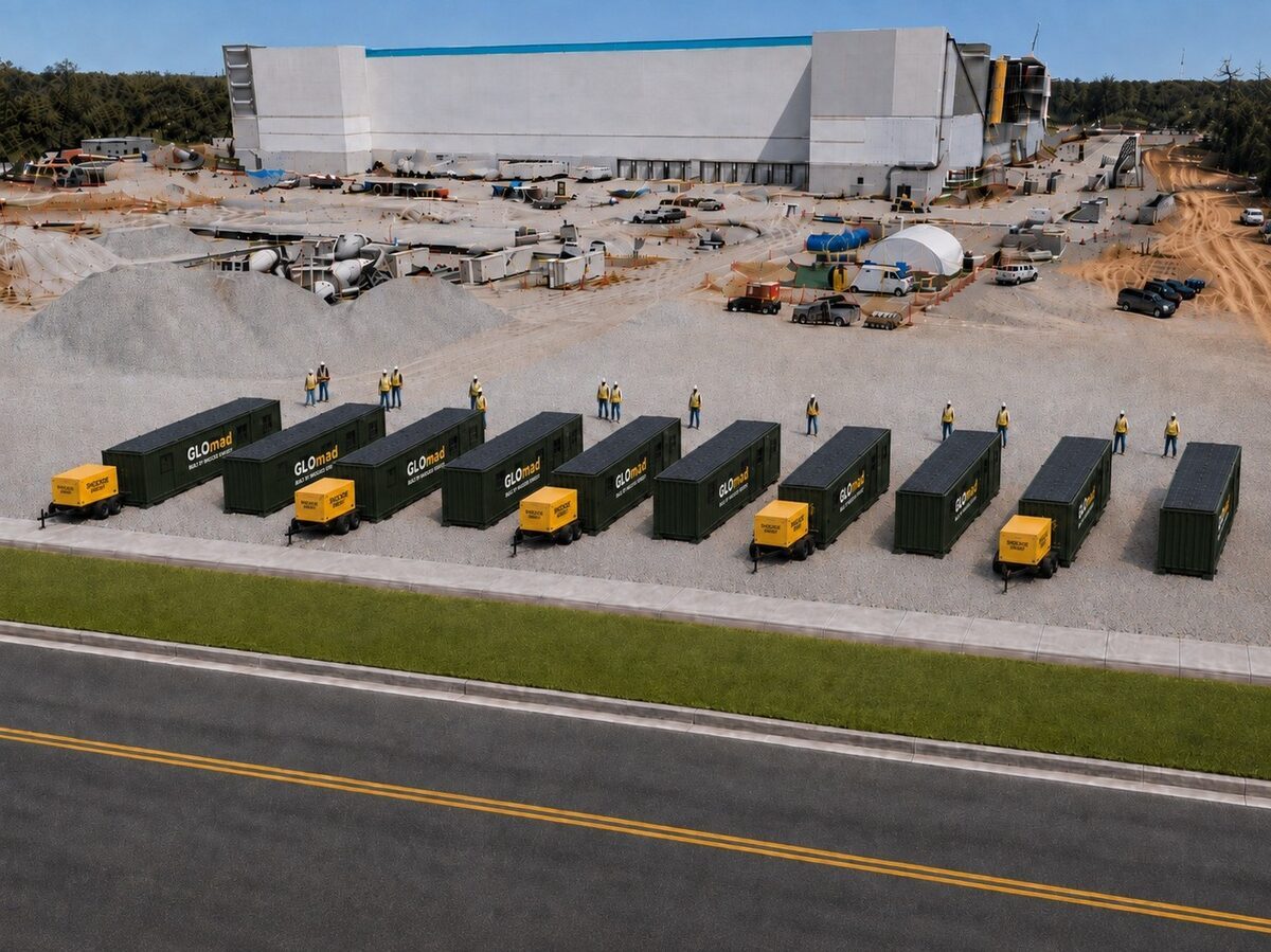 A row of GLOmad offices and HyGen power units staged at a large construction site